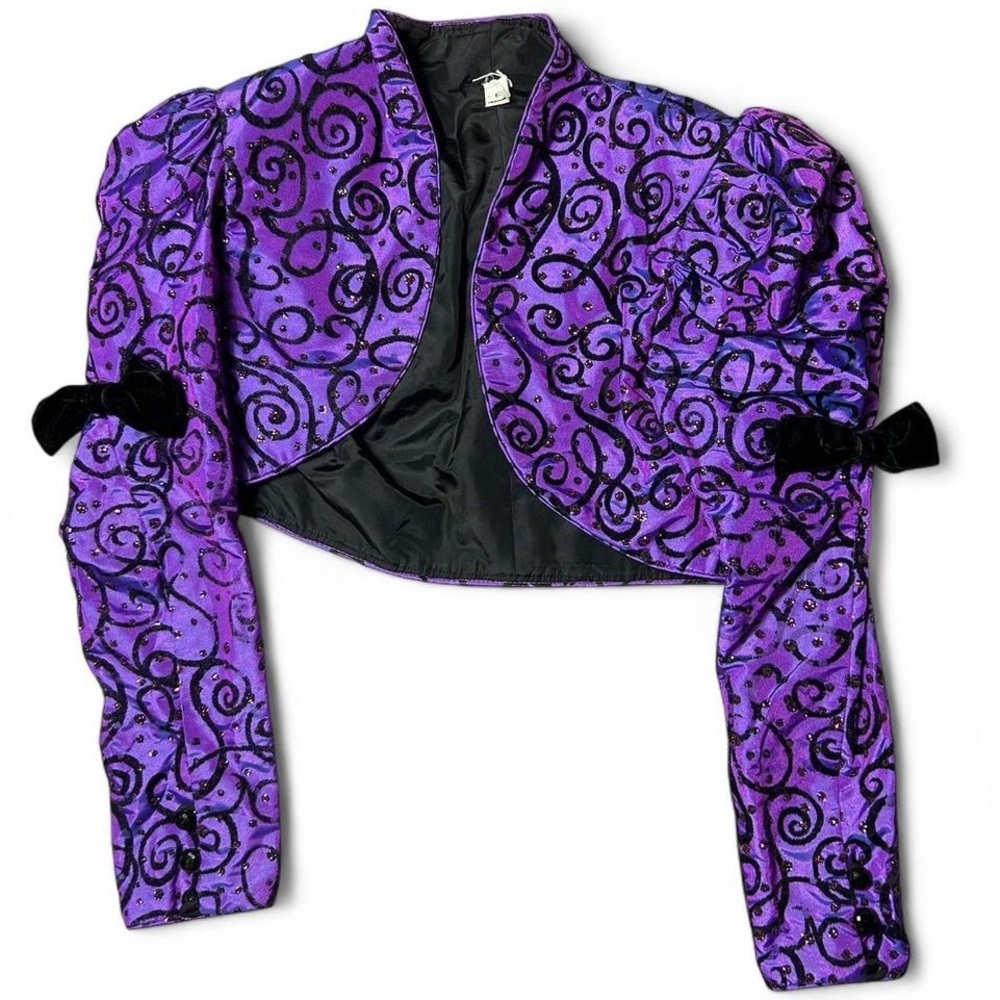 Vintage Purple Bolero Sequins Jacket with Black Swirl Design and Velvet Bows 6